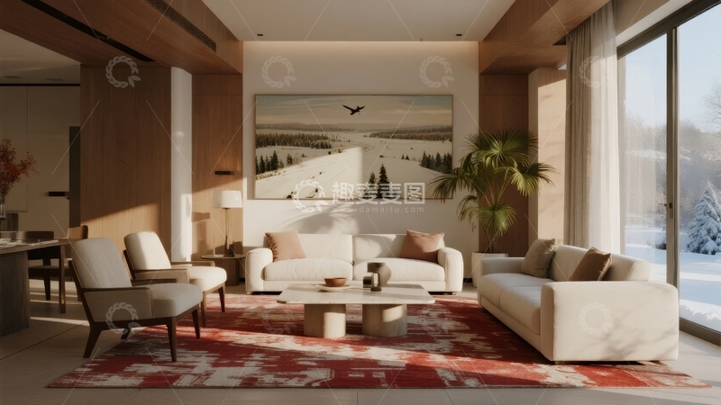 高清大图下载【趣麦麦图】现代客厅内摆放着白色沙发和红色地毯窗外是雪景