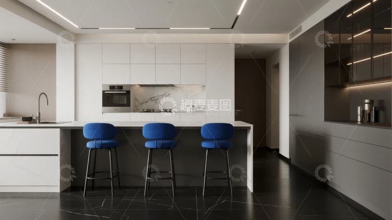 高清大图下载【趣麦麦图】现代简约风格厨房吧台配蓝色高脚凳