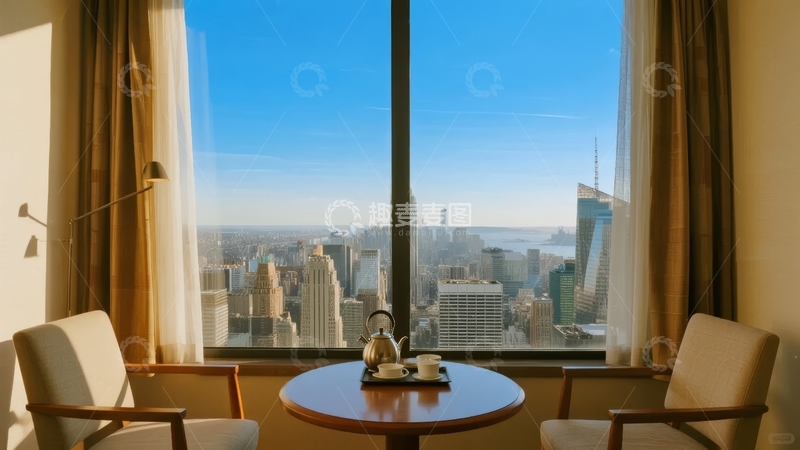 高清大图下载【趣麦麦图】室内窗边茶歇俯瞰城市天际线