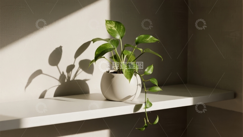 高清大图下载【趣麦麦图】绿植盆栽置于光影交错的室内置物架上