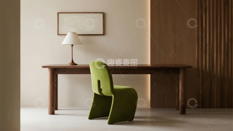 高清大图下载【趣麦麦图】简约现代风格的室内空间摆放着绿色椅子和木质桌子