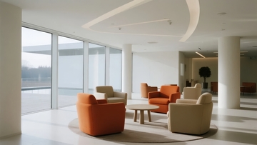 现代简约风格的室内休息区设有橙色和米色沙发