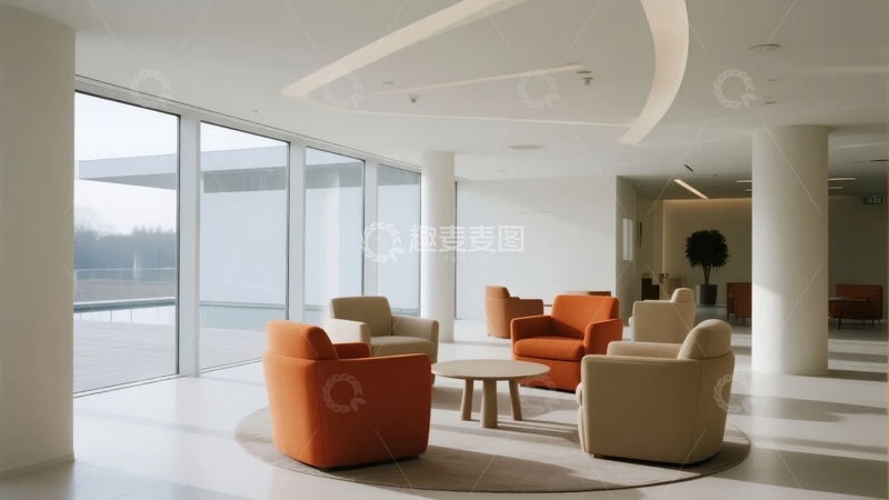 高清大图下载【趣麦麦图】现代简约风格的室内休息区设有橙色和米色沙发