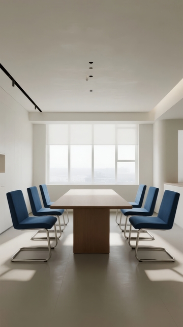 现代简约风格会议室配备蓝色座椅和长桌