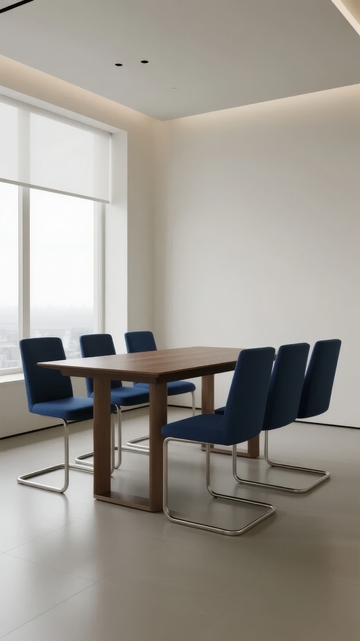 现代简约风格会议室配备蓝色座椅和木质长桌