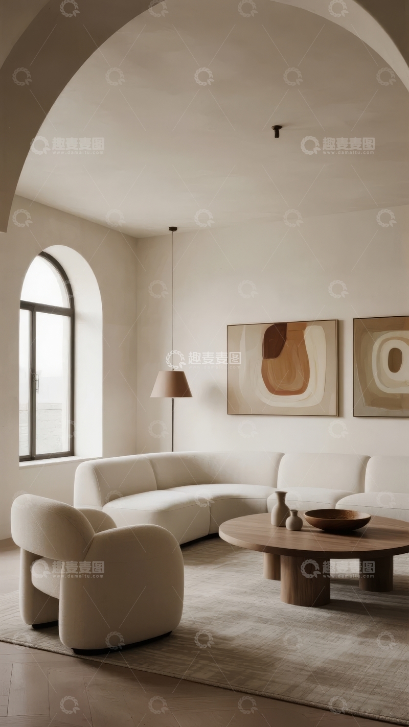高清大图下载【趣麦麦图】现代简约风格客厅设计配有弧形拱门和舒适家具
