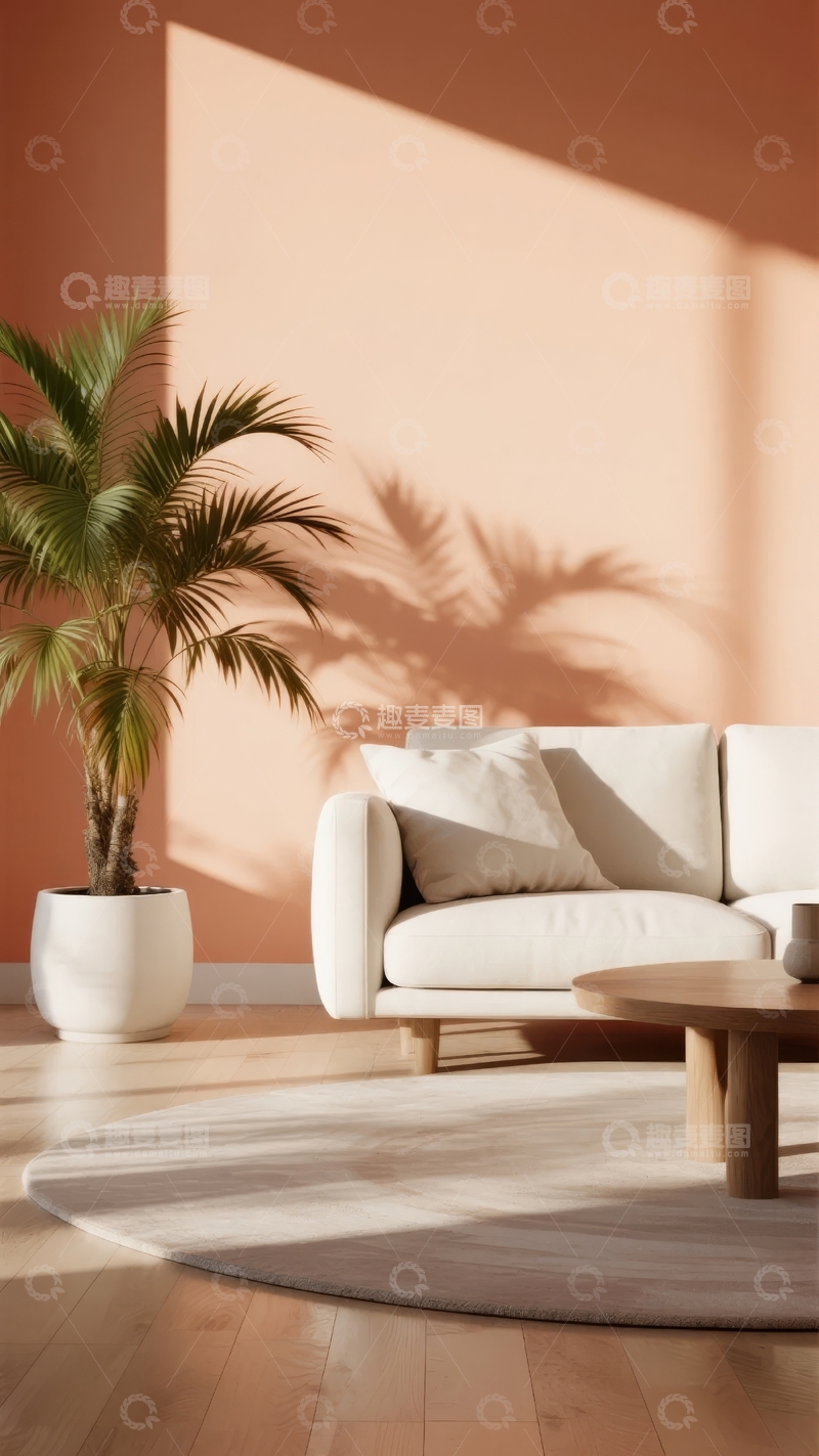 高清大图下载【趣麦麦图】柔和粉墙前的简约客厅摆放着白色沙发和绿植