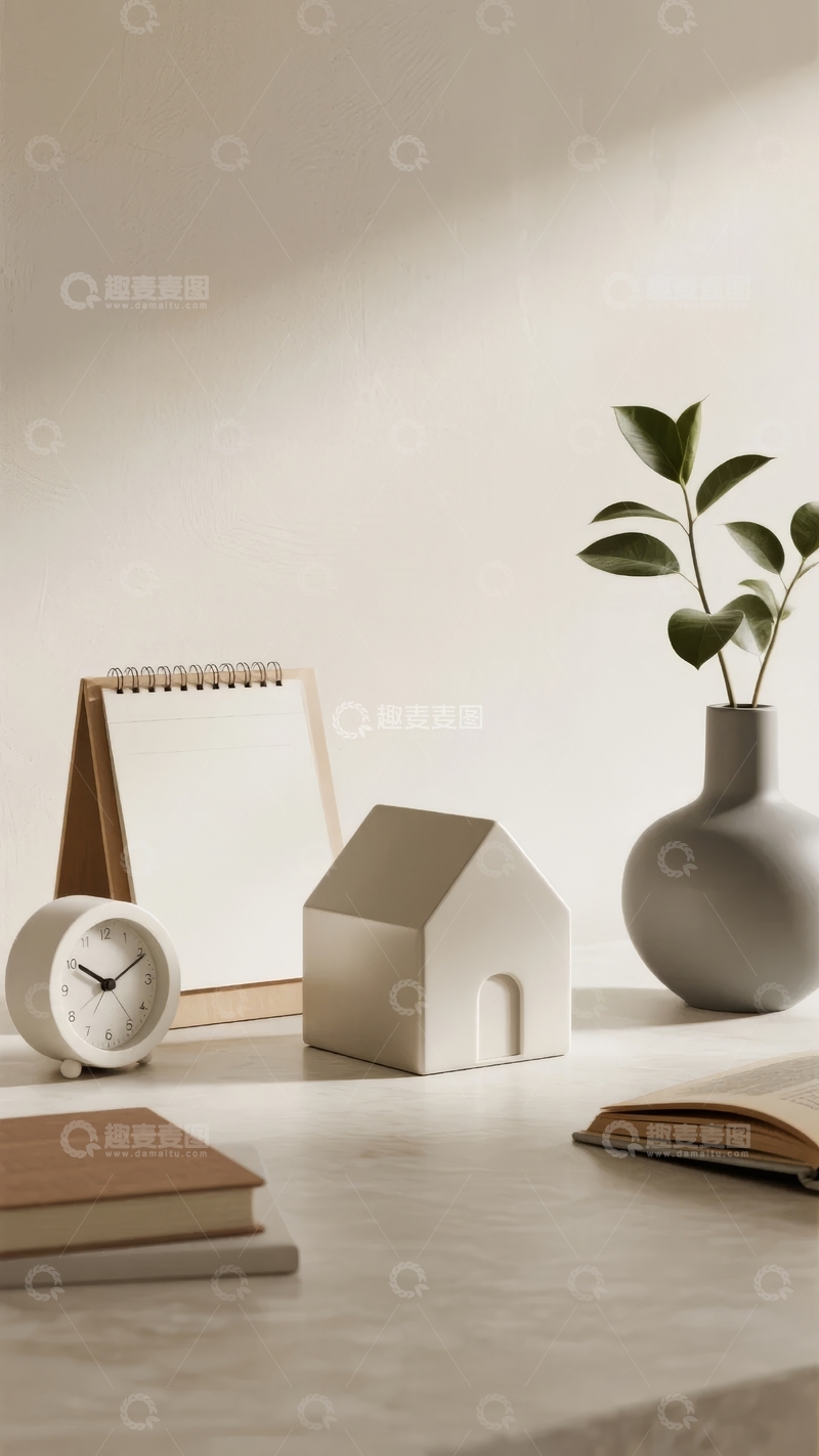 高清大图下载【趣麦麦图】简约风格桌面摆设包含时钟房屋模型绿植与书籍