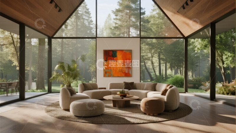 高清大图下载【趣麦麦图】现代客厅环绕落地窗尽享森林景观