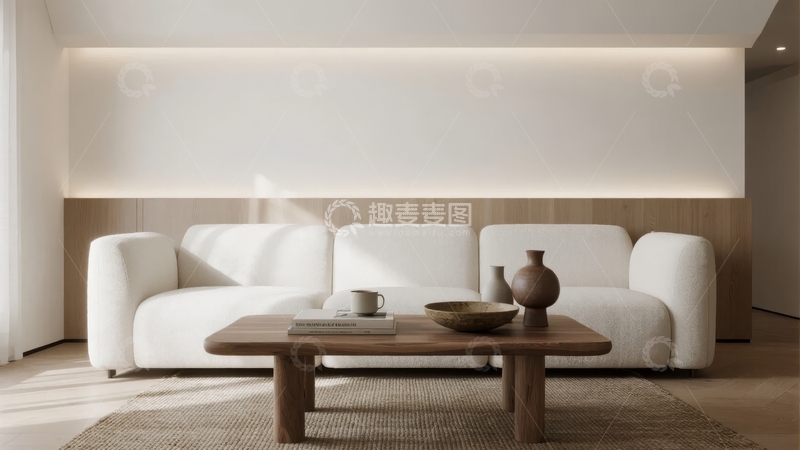 高清大图下载【趣麦麦图】现代简约风格客厅白色沙发与木质茶几