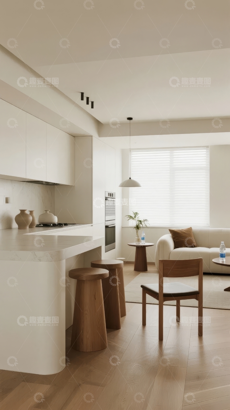 高清大图下载【趣麦麦图】现代简约风格的开放式厨房与客厅空间