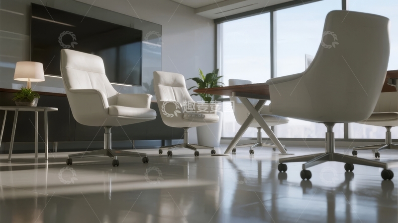 高清大图下载【趣麦麦图】现代办公室内白色办公椅与木质会议桌的场景
