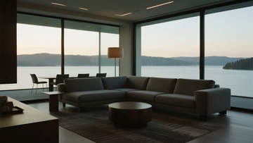 现代客厅拥有大面积落地窗可欣赏湖景