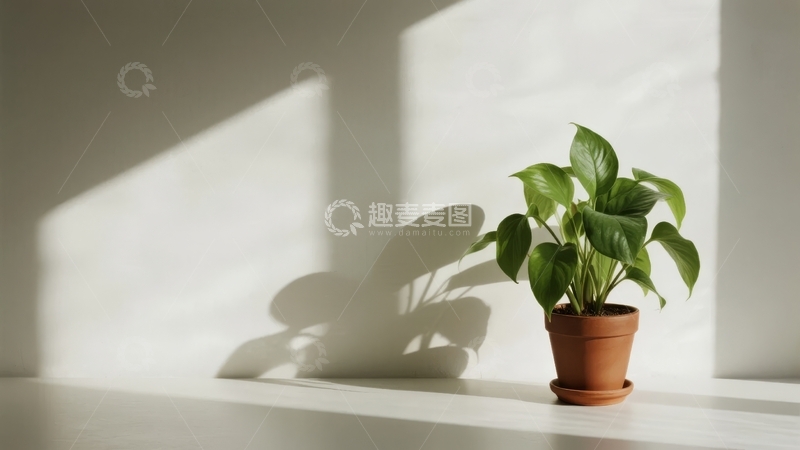 高清大图下载【趣麦麦图】阳光洒在墙角的绿植上光影交错