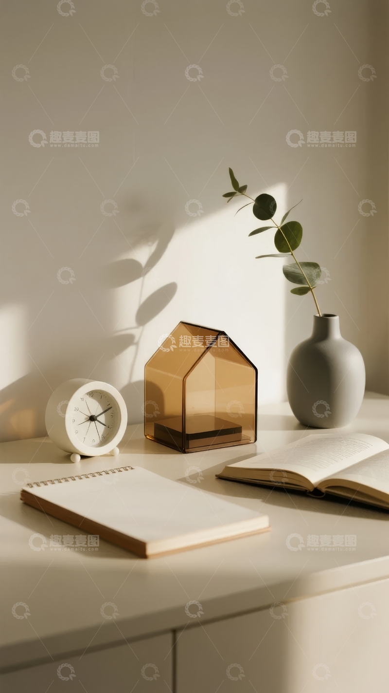 高清大图下载【趣麦麦图】简约室内桌面摆放着闹钟书本和插有绿叶的花瓶