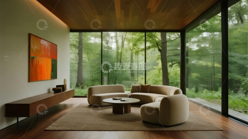 高清大图下载【趣麦麦图】现代客厅室内设计透过大窗欣赏森林景观