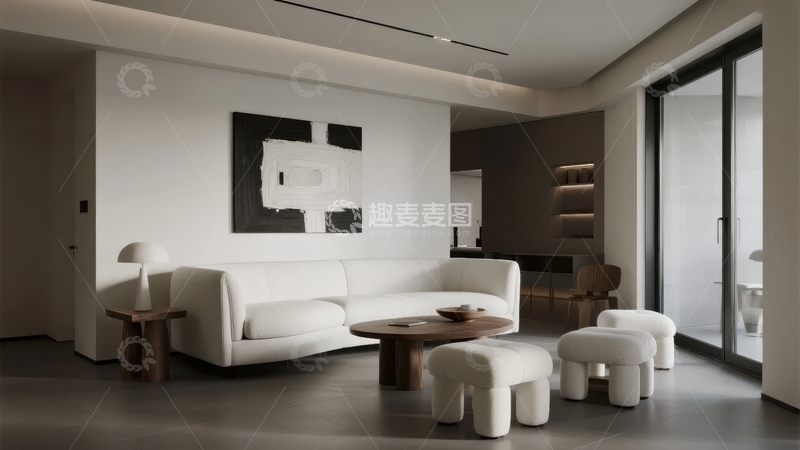 高清大图下载【趣麦麦图】现代简约风格客厅设计以白色沙发和抽象画为特色