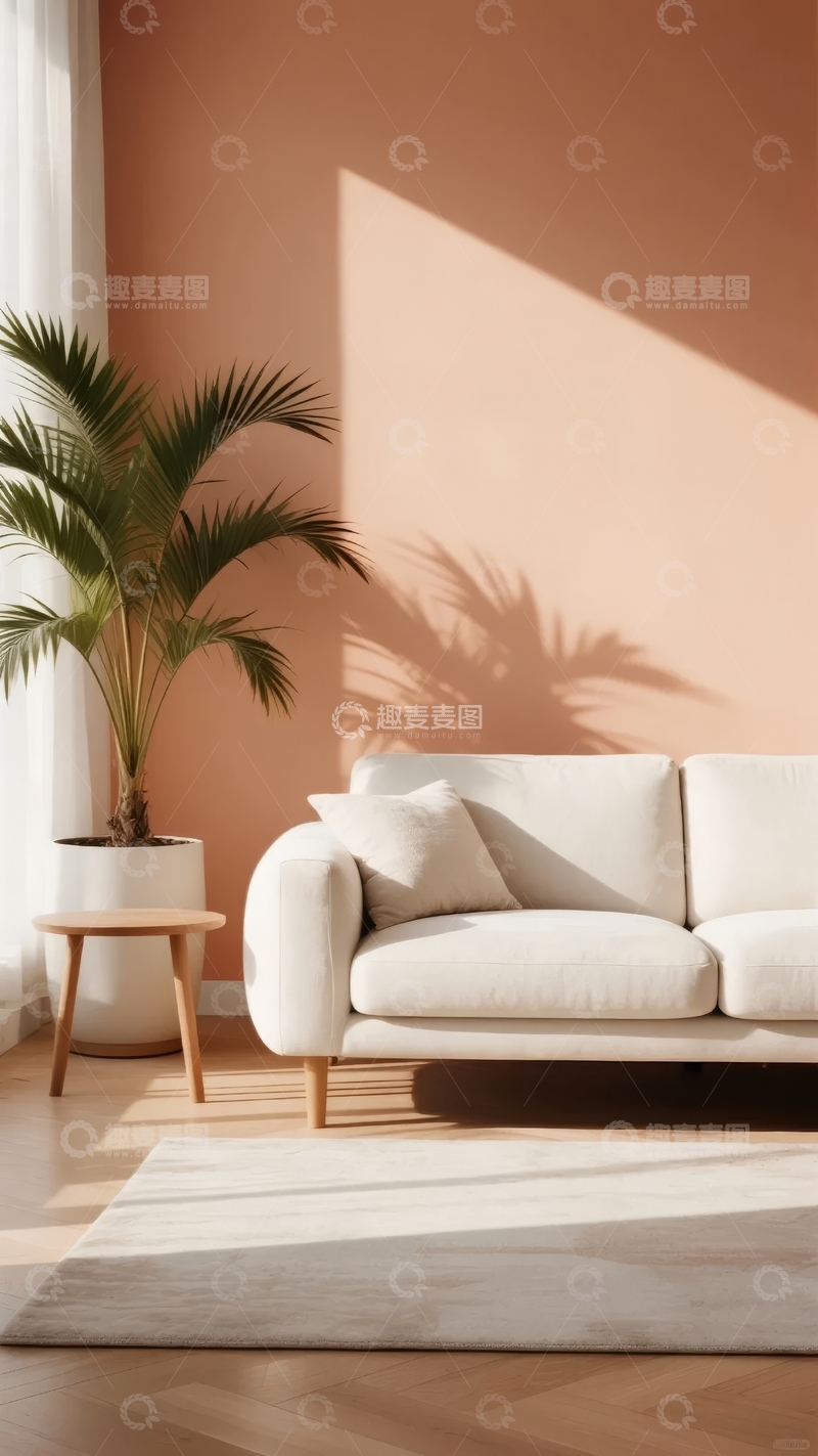 高清大图下载【趣麦麦图】粉色墙面旁的白色沙发与绿植光影