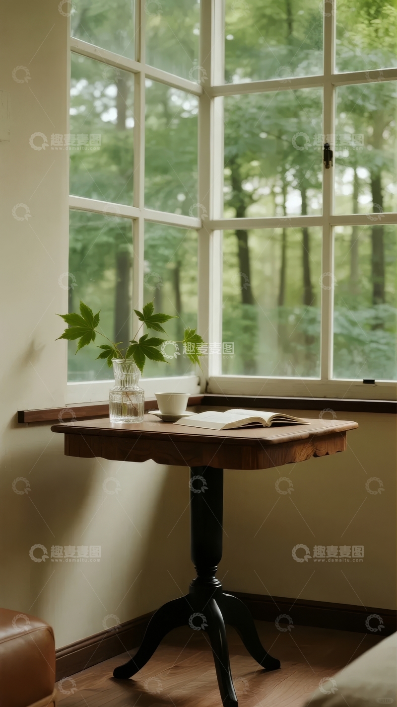 高清大图下载【趣麦麦图】窗边小桌摆放绿植与书籍窗外森林景色