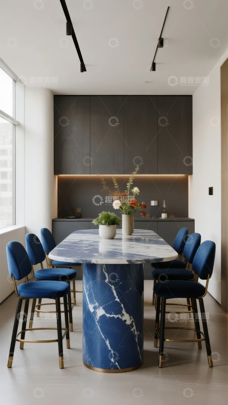 高清大图下载【趣麦麦图】现代简约风格餐厅配备大理石餐桌和蓝色座椅