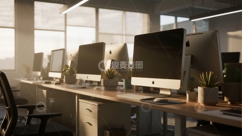 高清大图下载【趣麦麦图】现代办公室内整齐排列的电脑与绿植