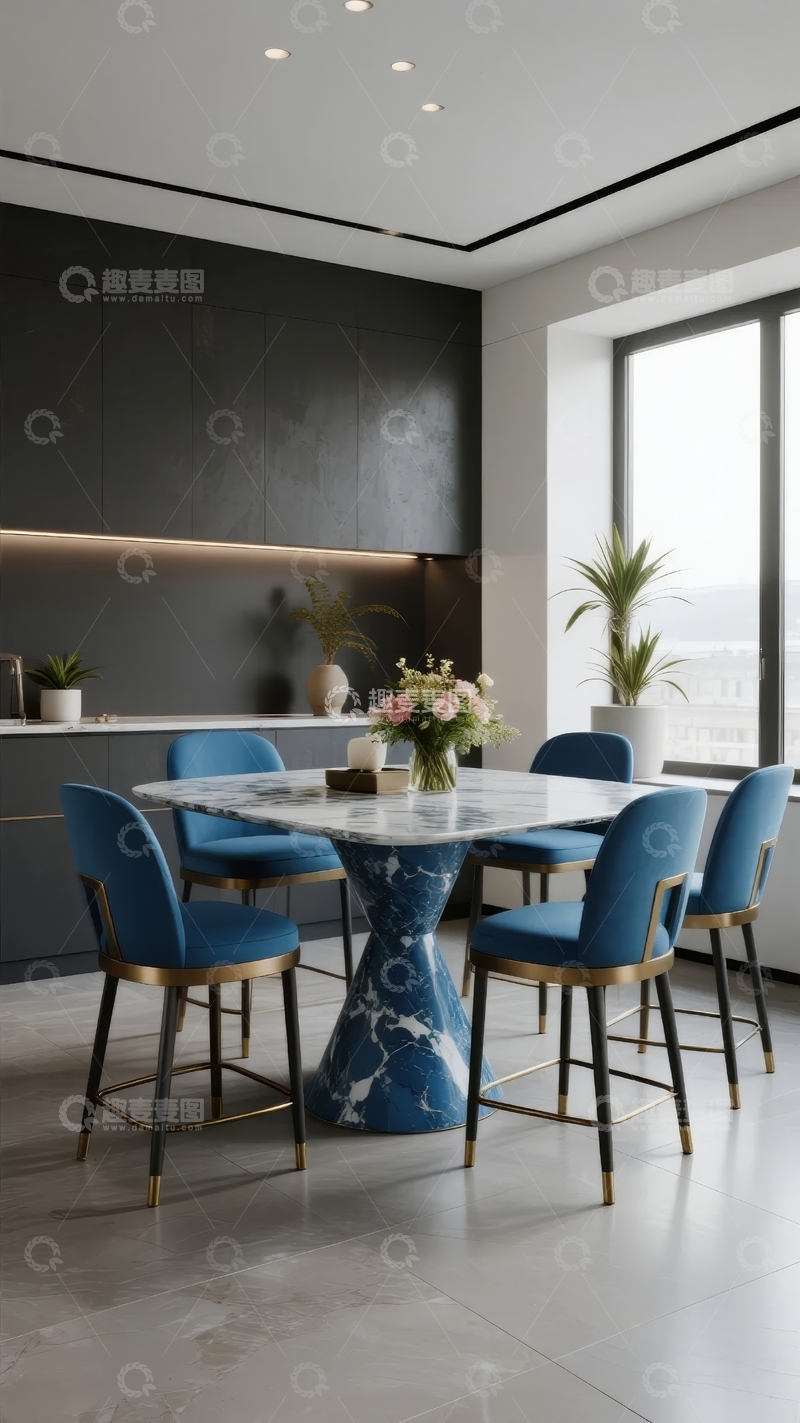 高清大图下载【趣麦麦图】现代简约风格餐厅设计配有蓝色椅子和大理石餐桌