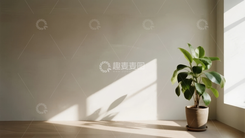 高清大图下载【趣麦麦图】室内角落绿植与光影静谧场景