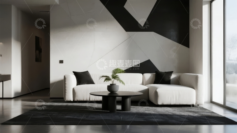 高清大图下载【趣麦麦图】现代简约风格客厅设计以黑白几何墙面为特色