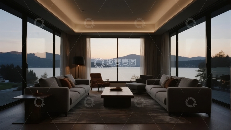 高清大图下载【趣麦麦图】现代客厅内景透过落地窗欣赏山湖日落美景