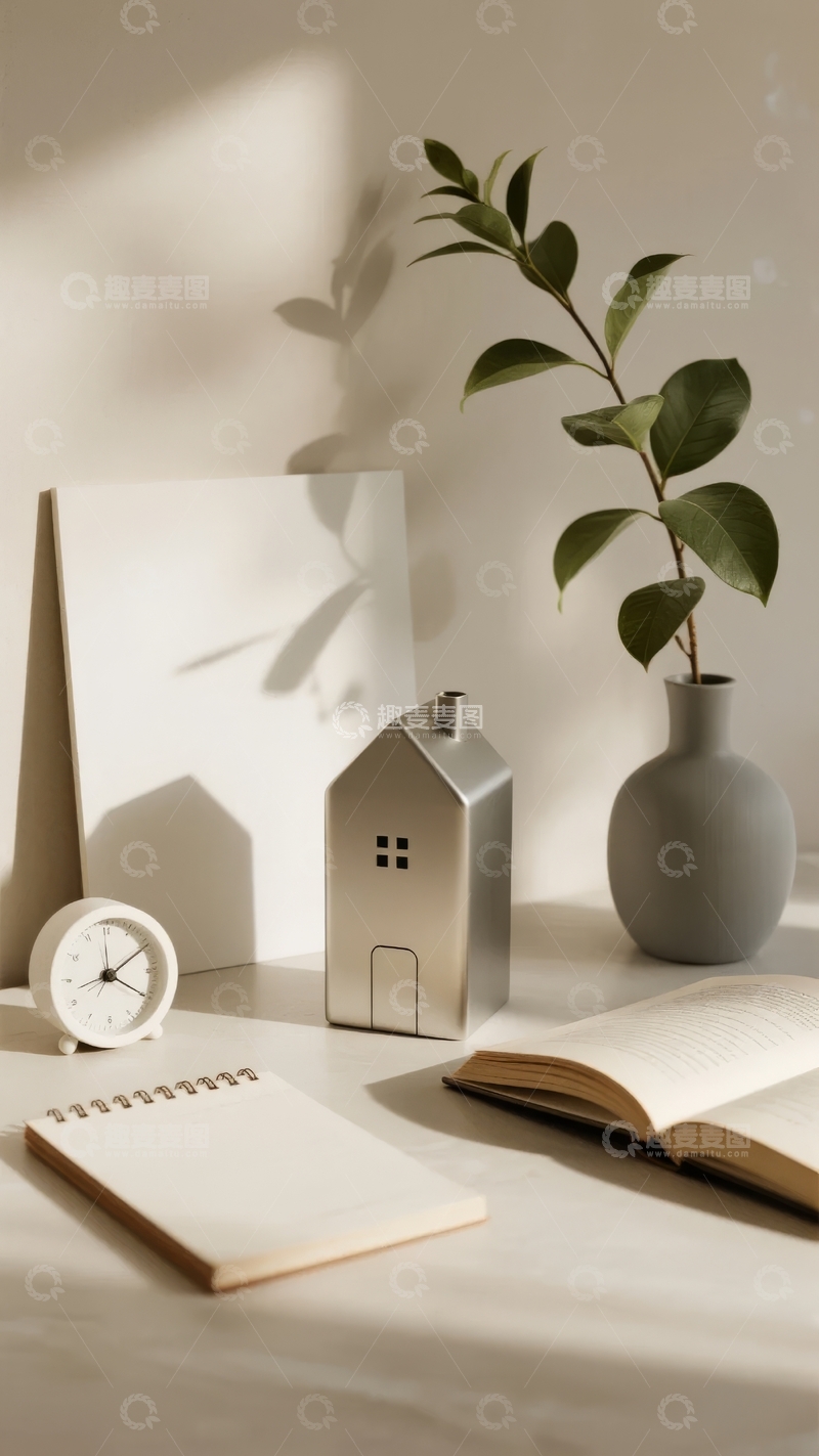 高清大图下载【趣麦麦图】简约桌面静物拍摄绿植与文具摆设