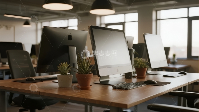 高清大图下载【趣麦麦图】现代办公室内摆放着多台电脑和绿植的整洁工作区