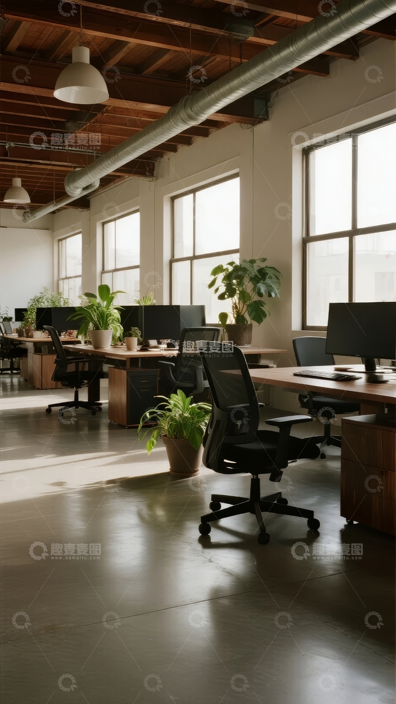 高清大图下载【趣麦麦图】宽敞明亮的开放式办公室配有木质天花板和绿植装饰