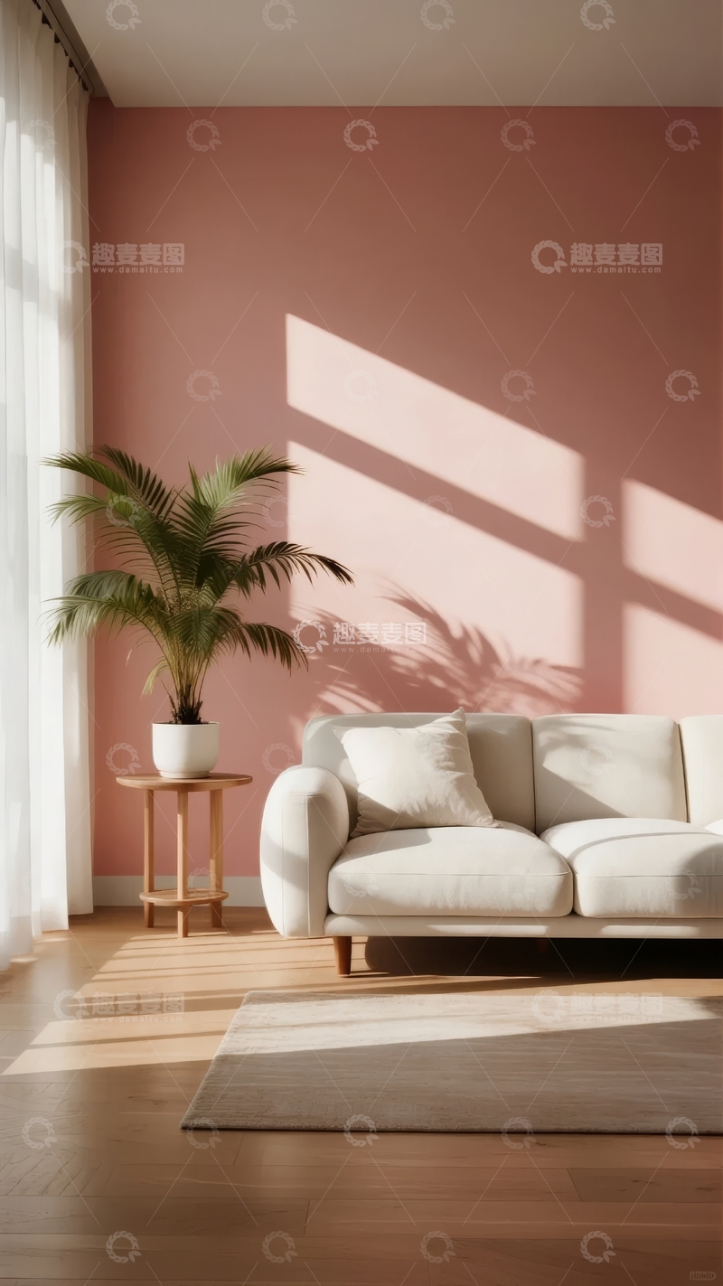 高清大图下载【趣麦麦图】粉色墙面客厅阳光洒落沙发旁绿植点缀