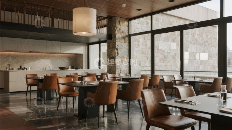 高清大图下载【趣麦麦图】现代餐厅内部宽敞明亮设有大窗户和木质家具