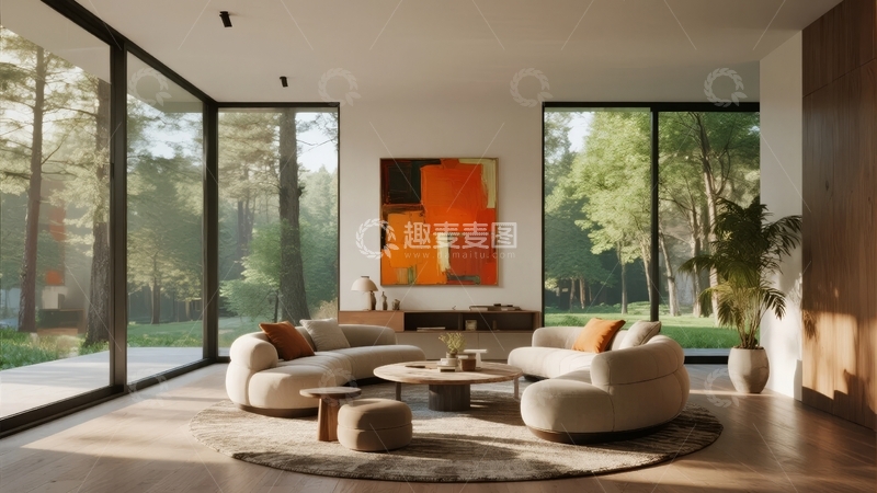 高清大图下载【趣麦麦图】现代客厅设计宽敞明亮落地窗环绕