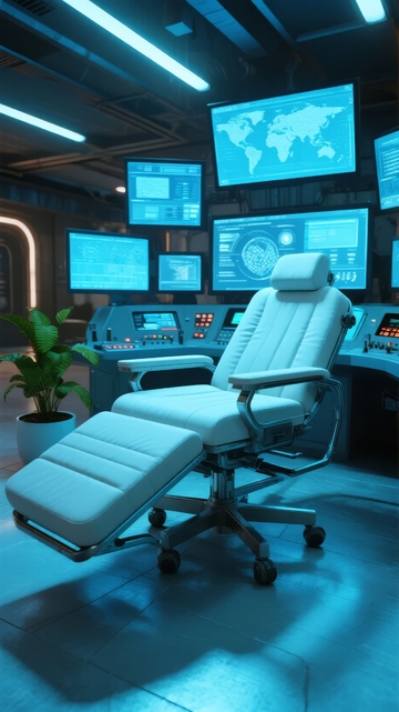 未来科技风格控制室配备豪华座椅和多屏幕显示