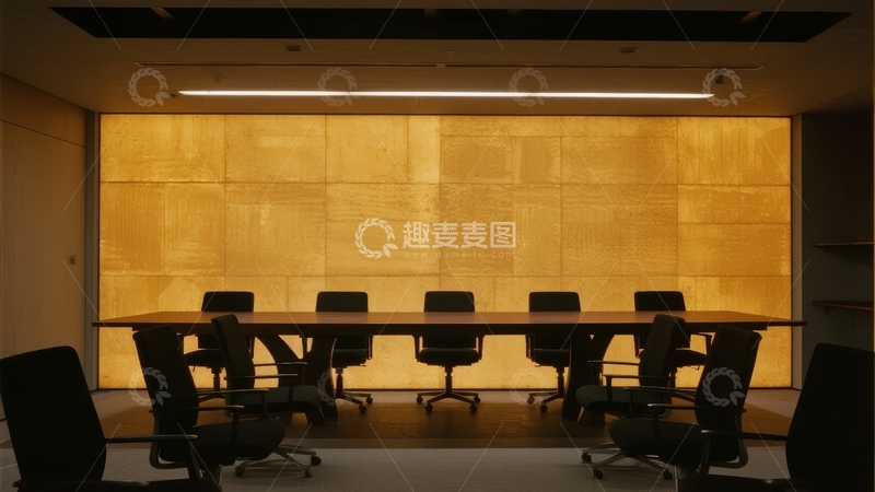 高清大图下载【趣麦麦图】现代会议室长桌配黑色办公椅背景墙为木质纹理
