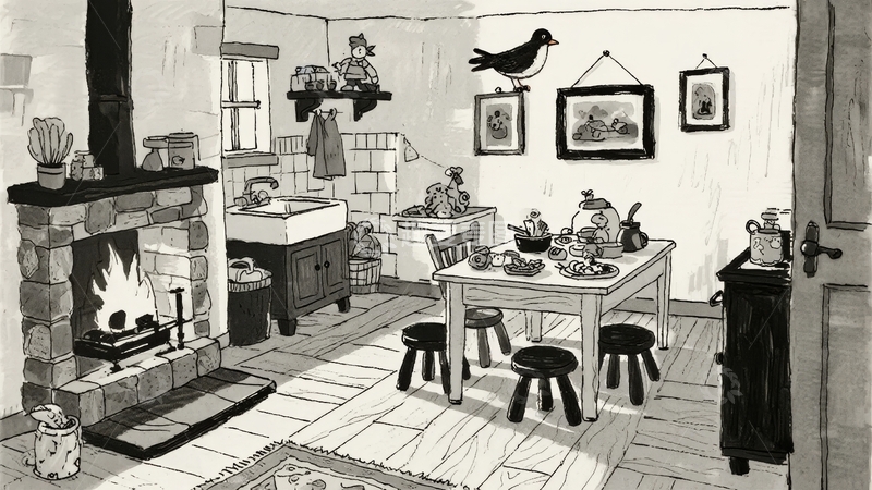 高清大图下载【趣麦麦图】温馨复古风格的室内场景描绘了壁炉旁的餐桌与家具