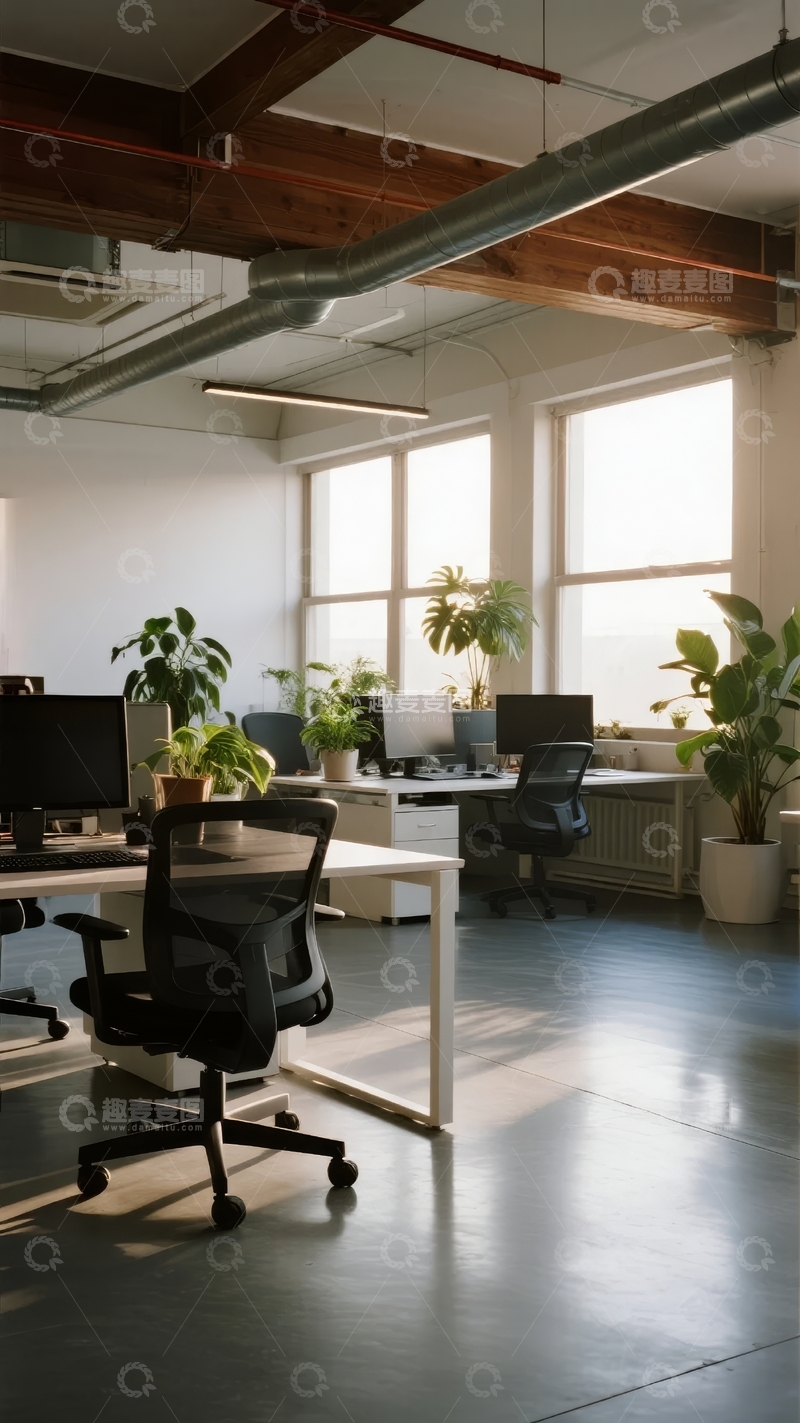高清大图下载【趣麦麦图】现代开放式办公室内景阳光充足绿植点缀