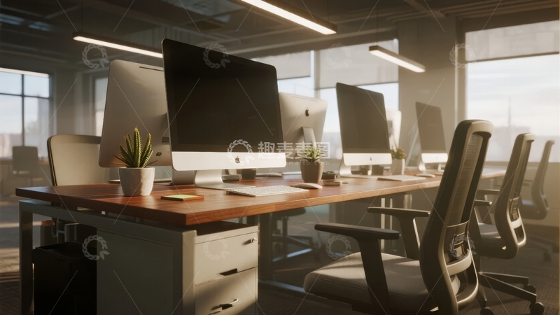 高清大图下载【趣麦麦图】现代办公室内排列整齐的电脑工作站