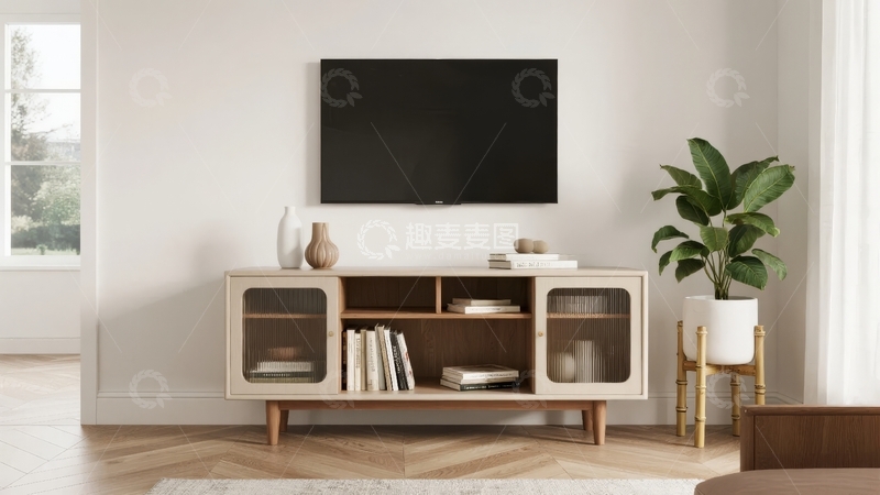 高清大图下载【趣麦麦图】现代简约风格客厅电视柜与绿植装饰