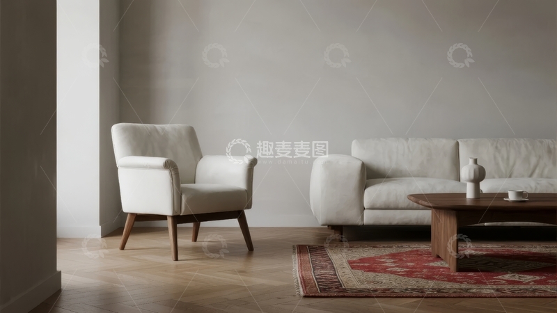 高清大图下载【趣麦麦图】简约现代客厅摆放白色扶手椅与沙发