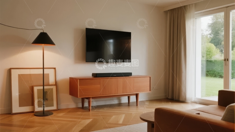 高清大图下载【趣麦麦图】现代客厅电视墙设计搭配木质地板和落地窗