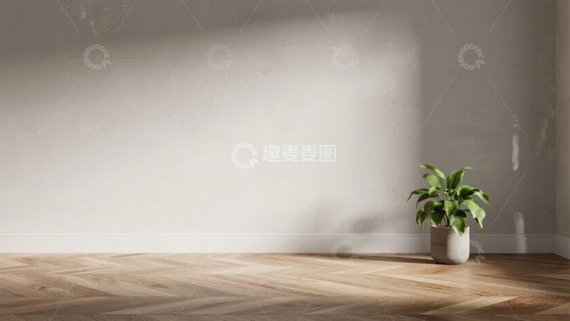 高清大图下载【趣麦麦图】室内角落摆放绿植木质地板与素色墙面