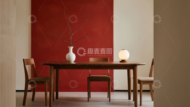 高清大图下载【趣麦麦图】红色背景下的简约餐桌与装饰花瓶