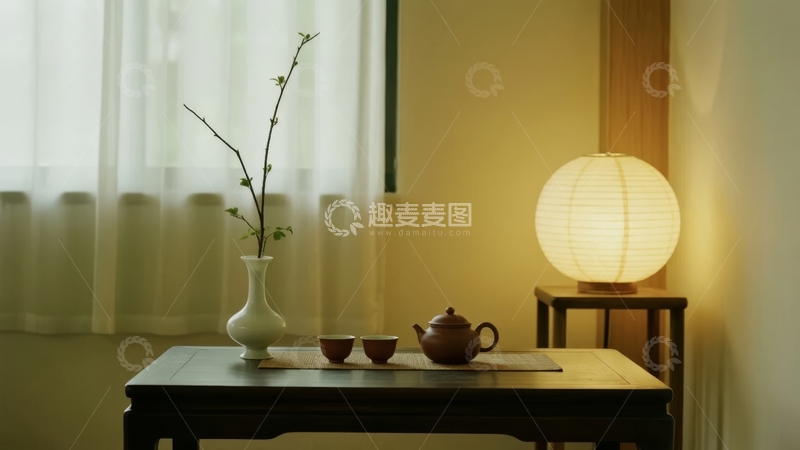 高清大图下载【趣麦麦图】室内茶几上摆放着茶具和装饰花瓶