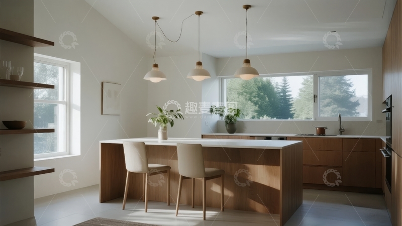 高清大图下载【趣麦麦图】现代简约风格厨房设计带中央岛台和大面积窗户