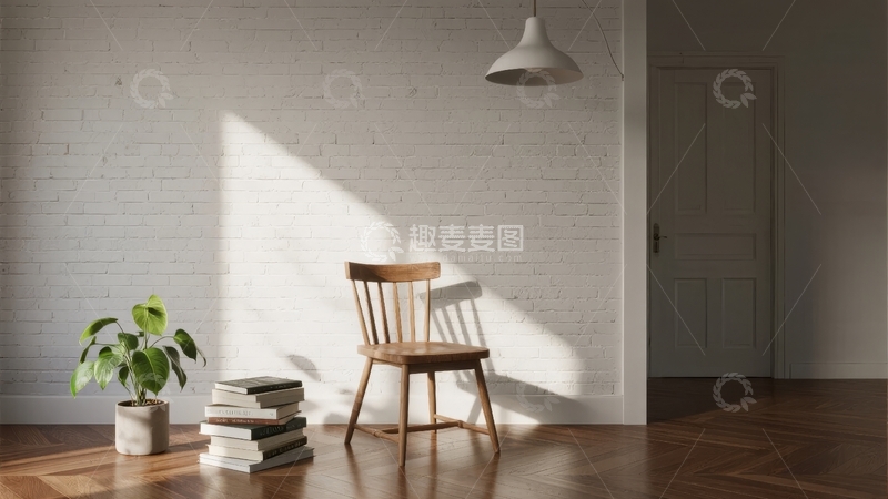 高清大图下载【趣麦麦图】简约室内一角阳光洒在木质椅子与书堆上