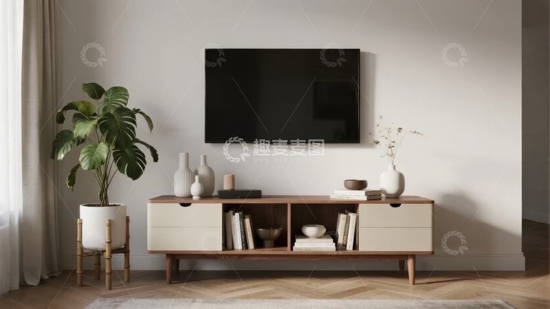 高清大图下载【趣麦麦图】现代简约风格客厅电视柜与绿植装饰