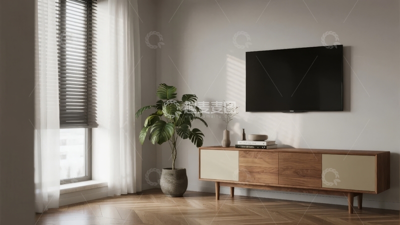 高清大图下载【趣麦麦图】现代简约风格客厅电视墙与绿植装饰